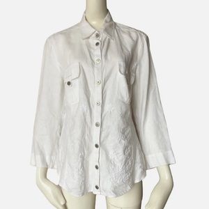 MAX MARA Weekend White 100% Linen Floral Embroidered Snap Buttons Collard Blouse